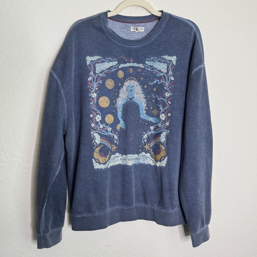 Earthbound Women Cotton Blend Sweatshirt M Blue Celestial Graphic Boho Floral